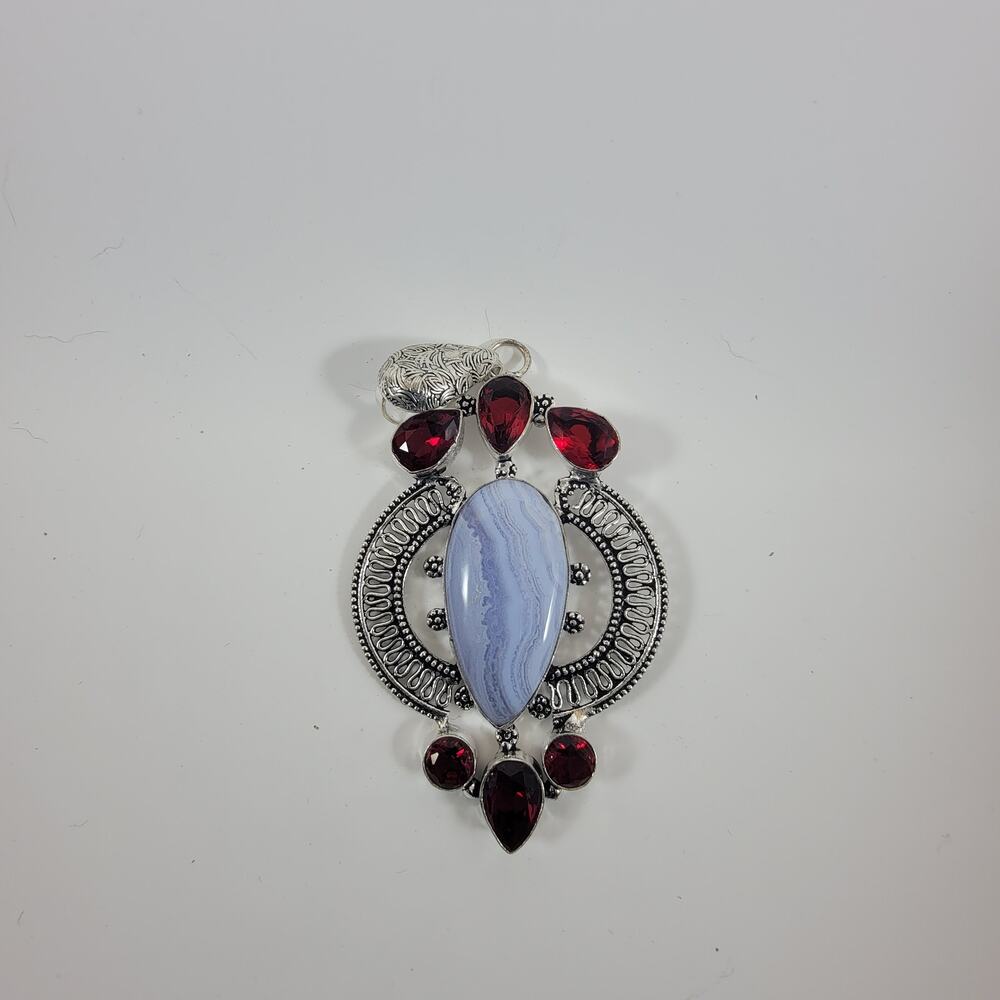 Handmade Silver Pendant Necklace with Blue Lace Agate & Garnet Gemstones